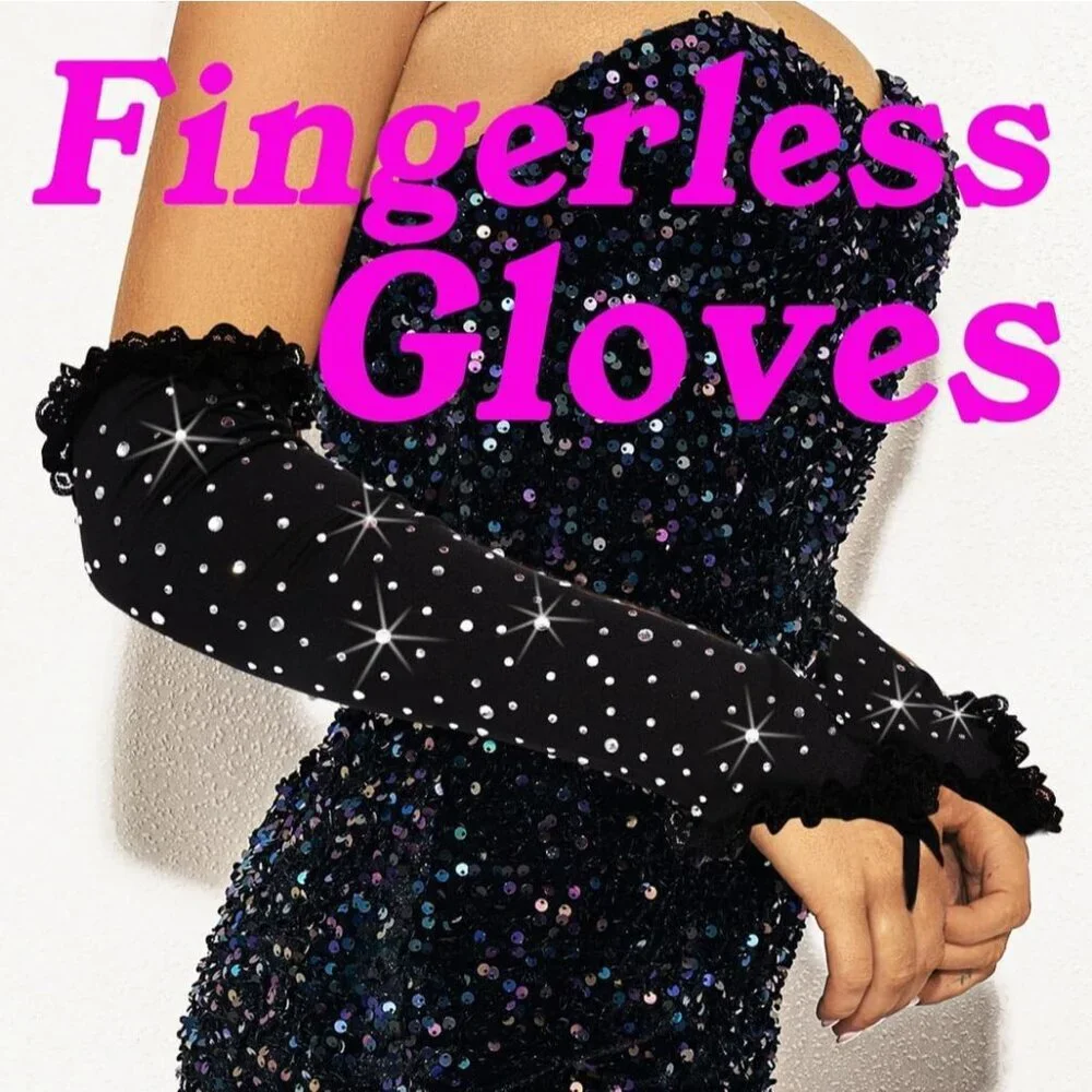 Women's Dazzling Rhinestone Fabric Fingerless Black Formal Long Gloves Style